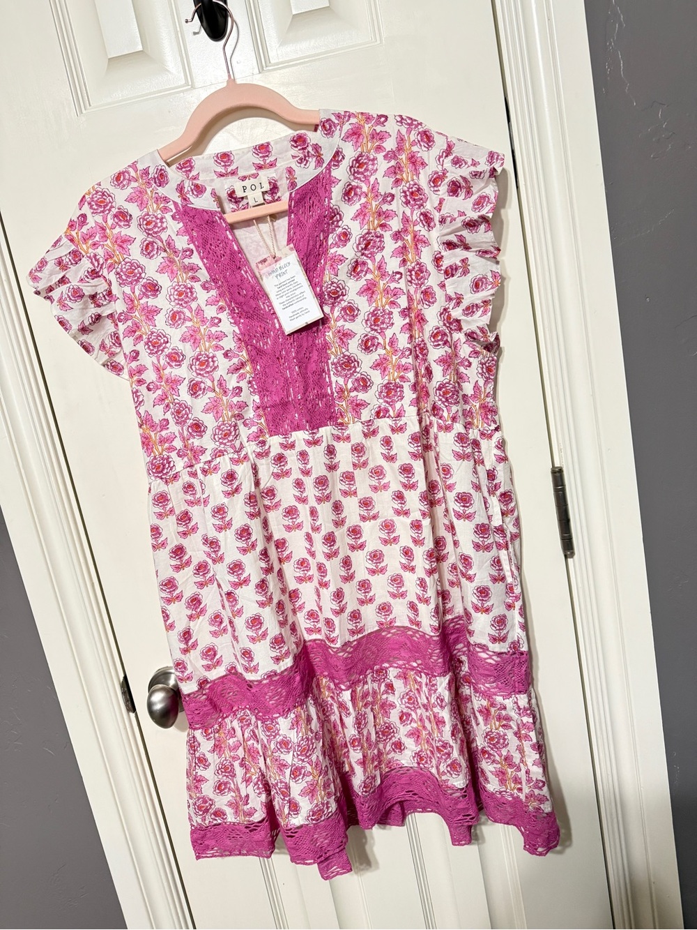 POL Pink Floral Dress with Magenta Crochet Trim